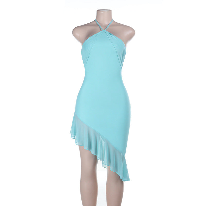 Damen schulterfreies Wickelkleid mit asymmetrischem Rüschensaum und tiefem Ausschnitt EB