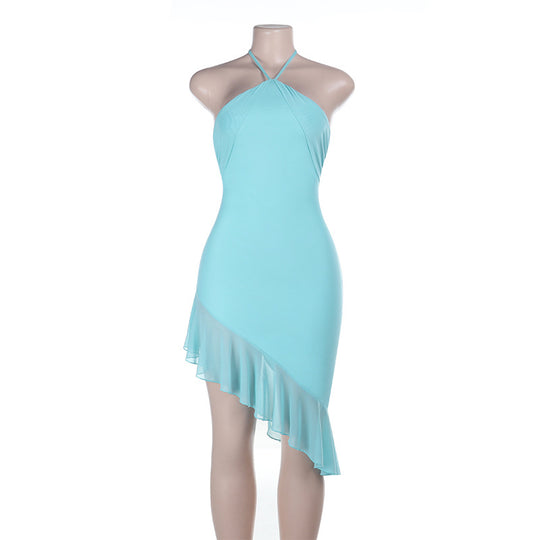 Damen schulterfreies Wickelkleid mit asymmetrischem Rüschensaum und tiefem Ausschnitt EB