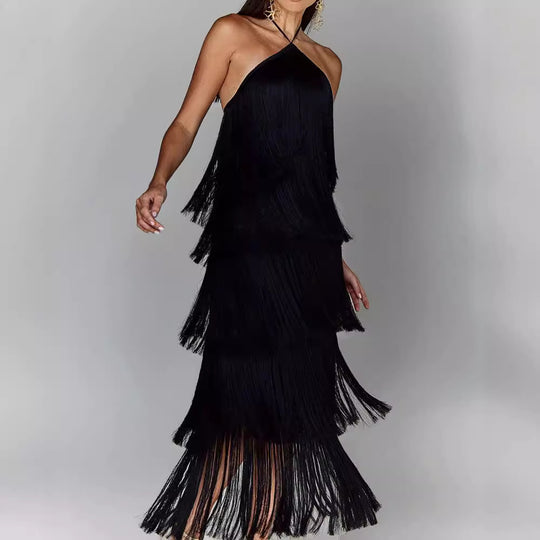 Damen Glamouröses Maxikleid mit Fransen und schulterfreiem Design EB
