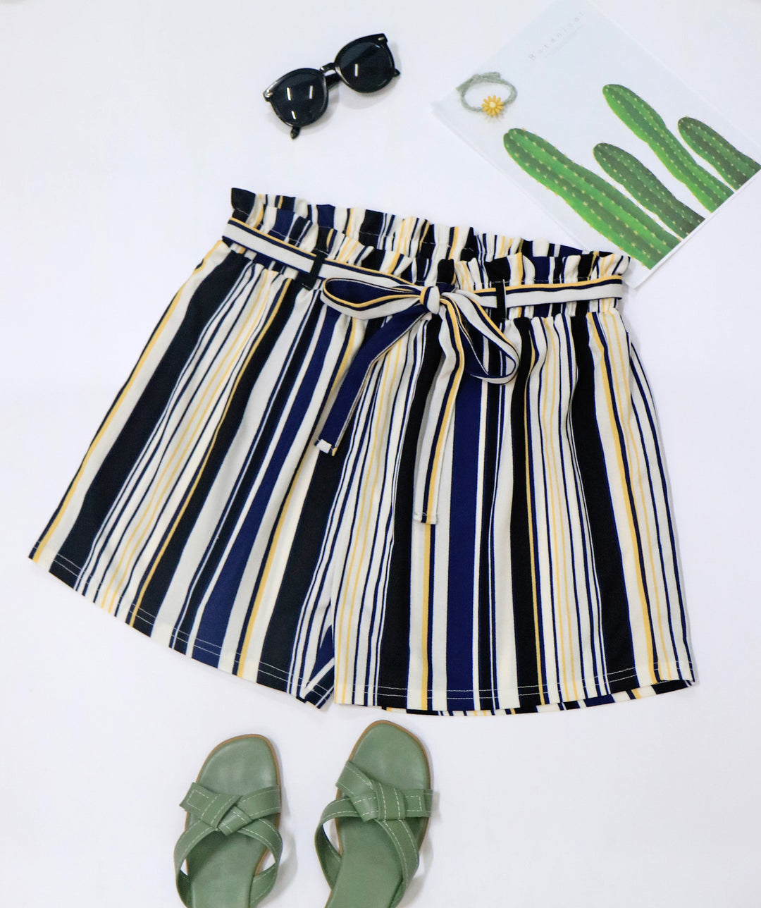 Damen gestreifte Sommer-Shorts mit elastischem Bund und Taillenknotenschnur EB