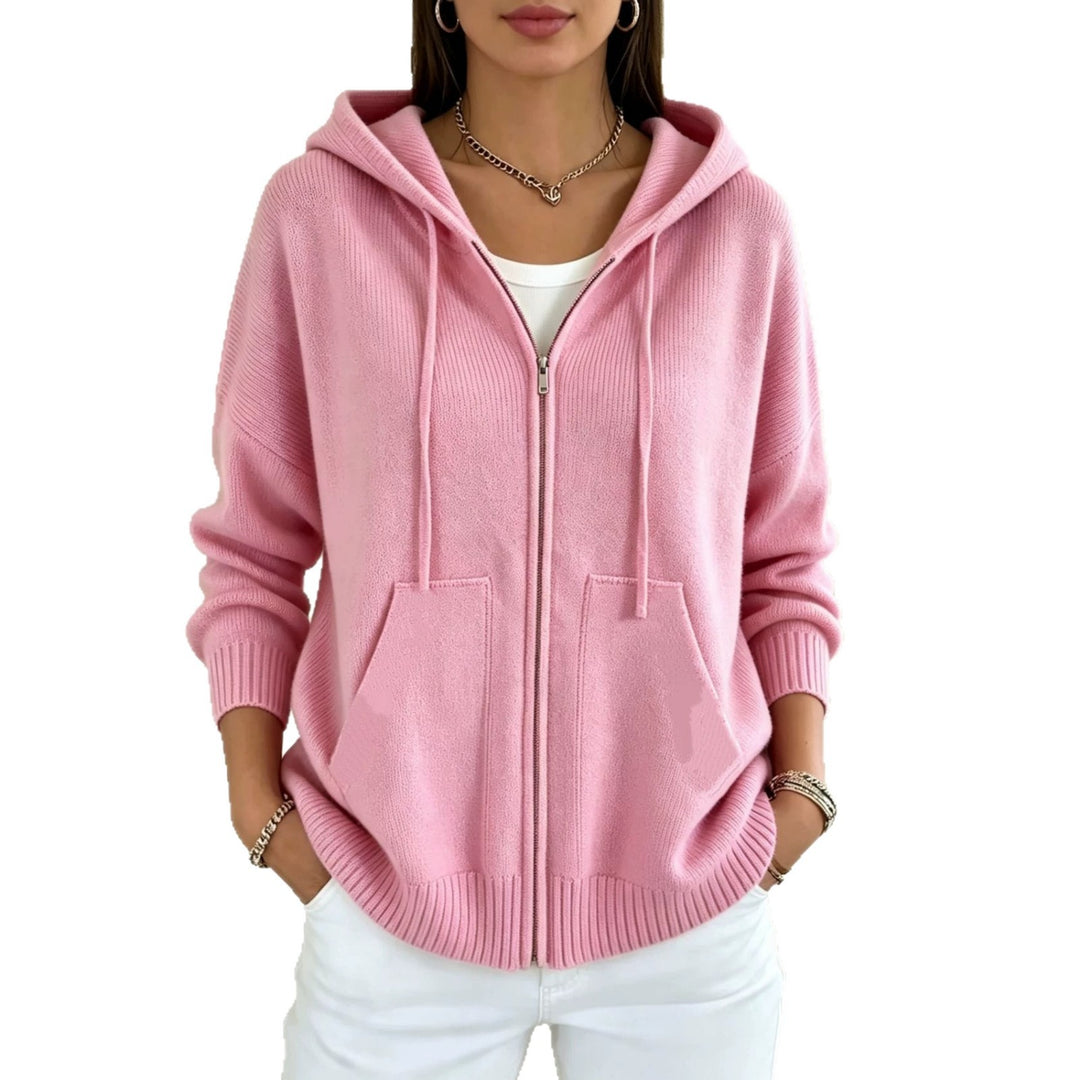 Damen Kapuzen-Wollmix Zip-Cardigan mit kastiger Passform und Kängurutaschen EB