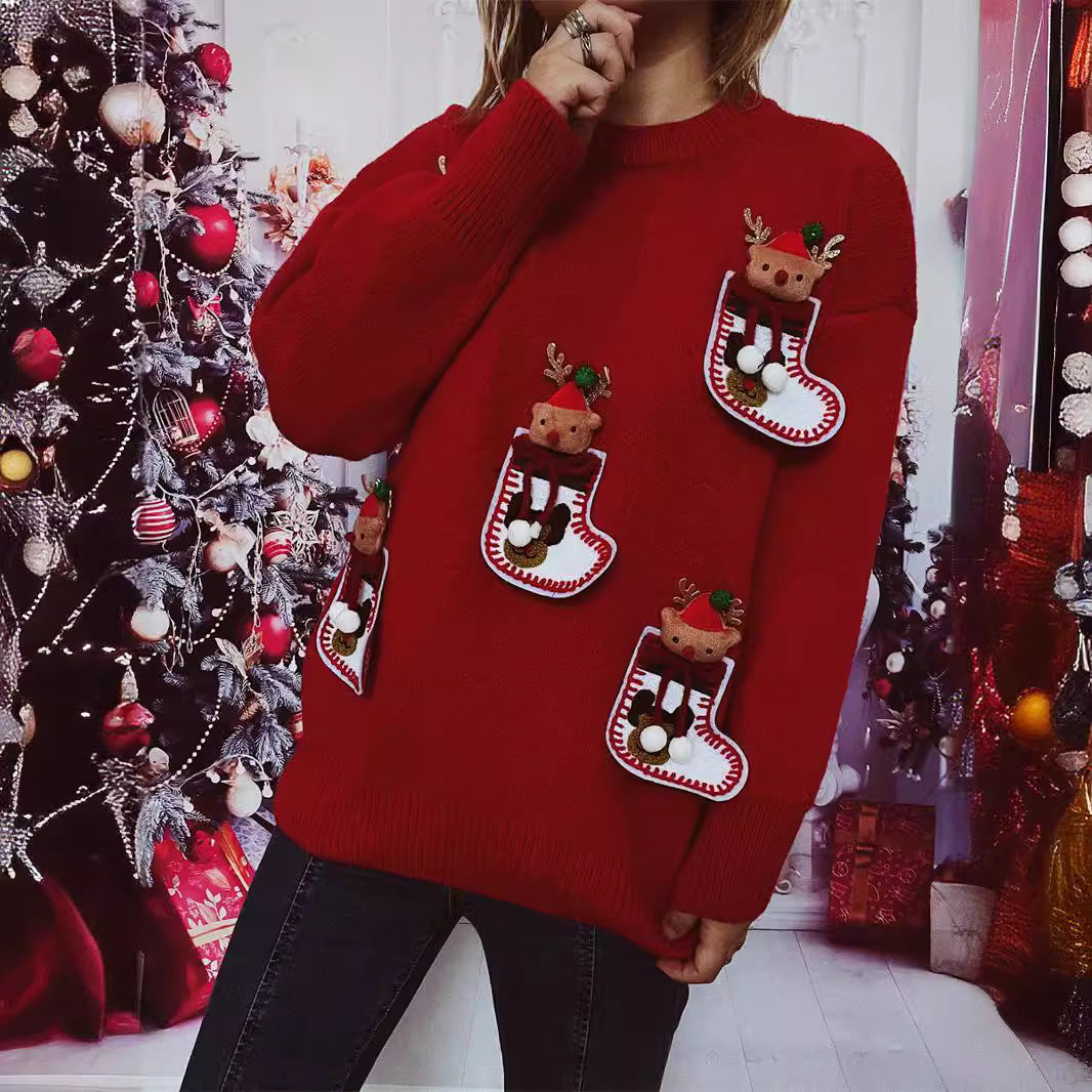 Damen Weihnachts-Strickpullover mit festlichem Rentier-Motiv und 3D-Details EB