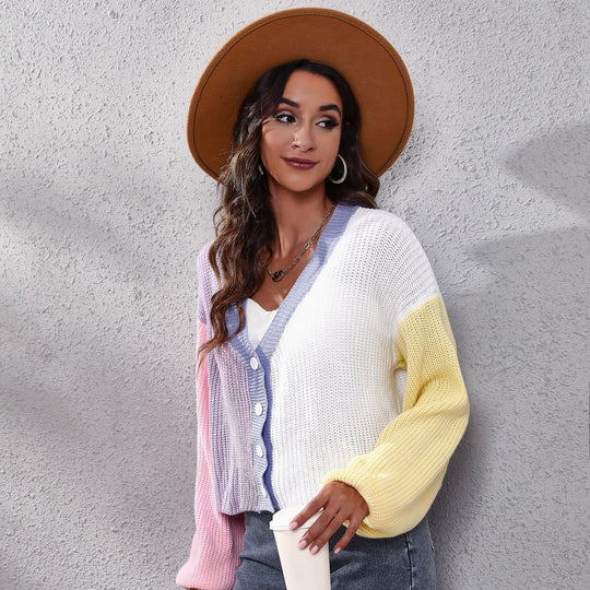 Damen Moderner Strickcardigan mit bunten Blockstreifen und V-Ausschnitt EB