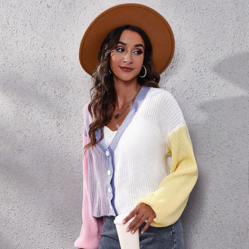 Damen Strickjacke mit buntem Farbblock-Design und weiten Ärmeln EB