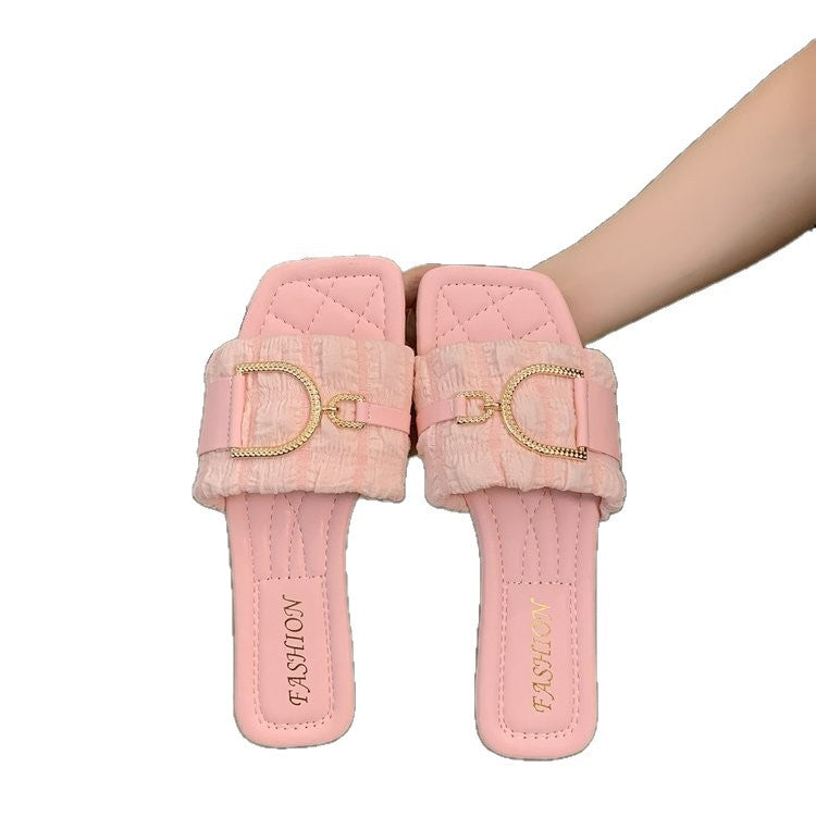 Damen bequeme Pantoletten mit schickem Riemen und Glitzerverschluss EB