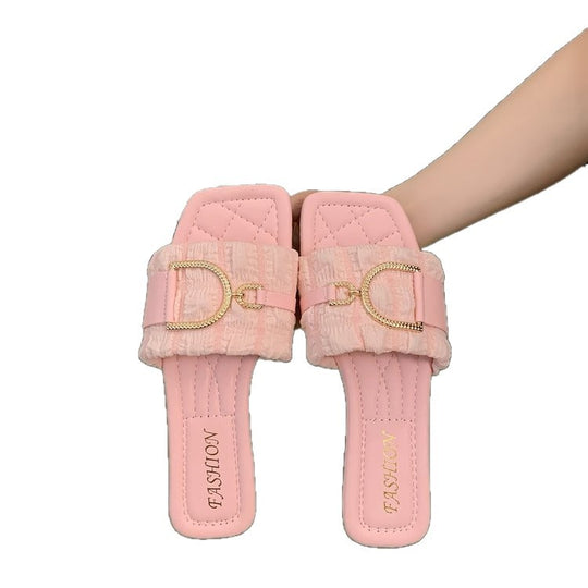 Damen bequeme Pantoletten mit schickem Riemen und Glitzerverschluss EB