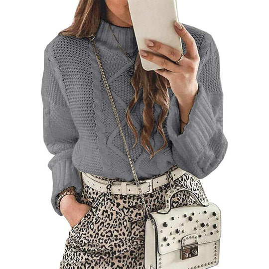 Damen modischer Strickpullover mit eleganten Zopfmustern und leichtem Rollkragen EB