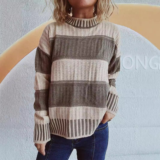 Damen lässiger Strickpullover mit modernem Streifenmuster und warmem Material EB