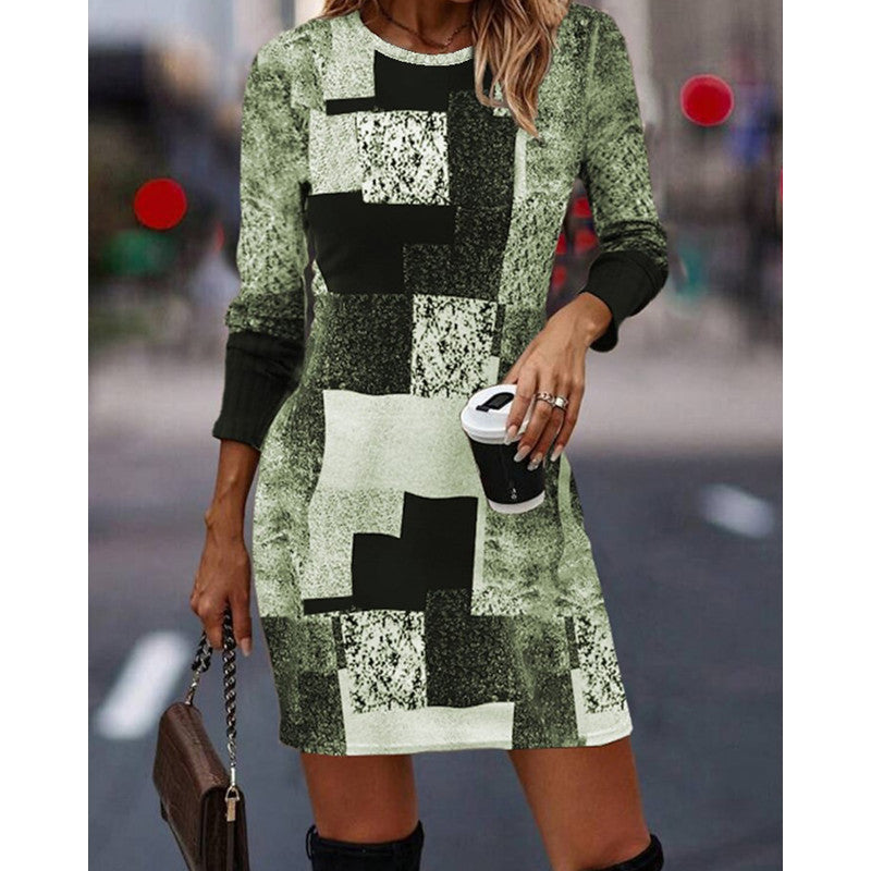 Damen Strickkleid mit modernem geometrischen Muster und langen Ärmeln EB
