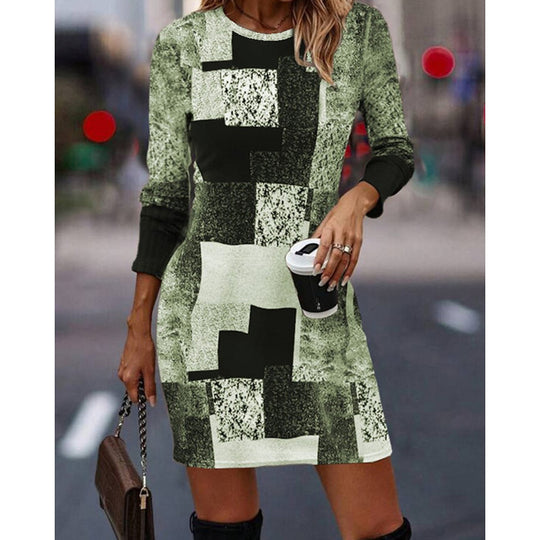 Damen Strickkleid mit modernem geometrischen Muster und langen Ärmeln EB