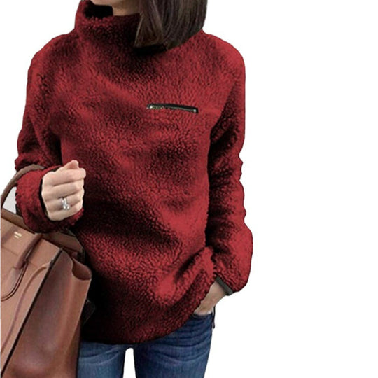 Damen nan kuscheliger Teddy-Fleecepullover mit Stehkragen und Brustreißverschluss EB