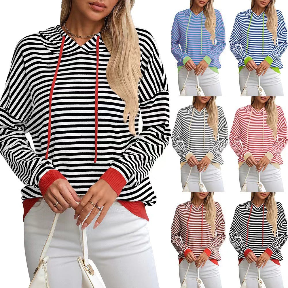 Damen lässiger Kapuzenpullover mit buntem Streifenmuster EB