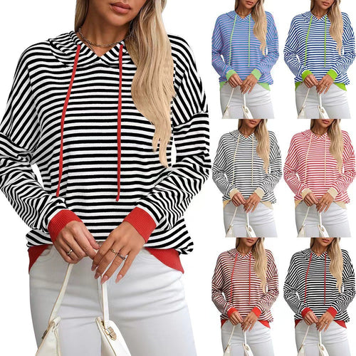 Damen lässiger Kapuzenpullover mit buntem Streifenmuster EB