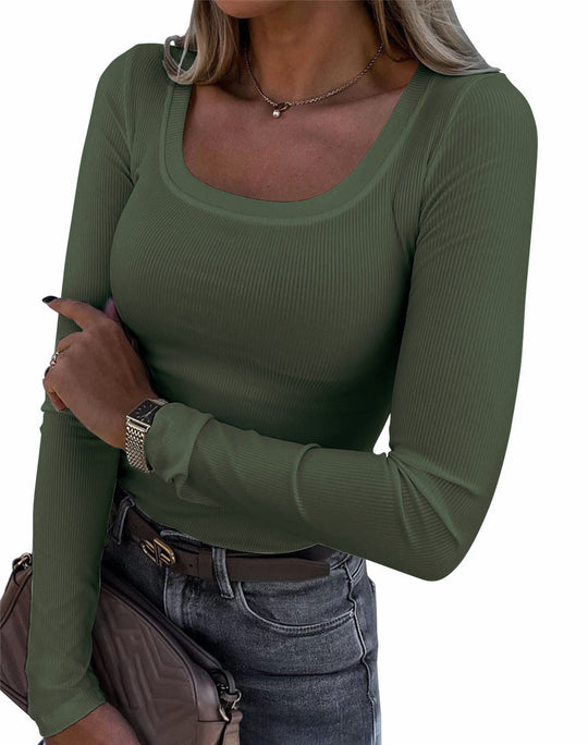 Damen Langarm Ripp-T-Shirt mit elegantem U-Boot-Ausschnitt EB