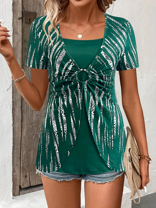 Damen modisches Oberteil mit dekorativem Knotendetail und Animal-Print EB
