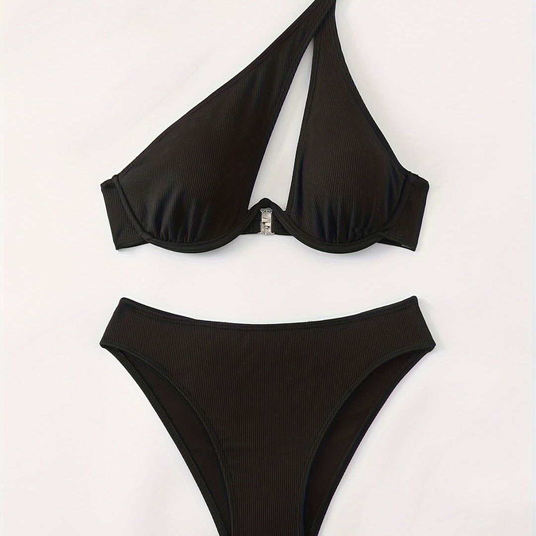 Damen Bikini-Set mit asymmetrischem Trägerdesign und unterstützendem Push-Up-Oberteil EB