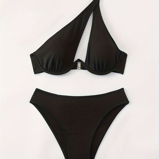 Damen Bikini-Set mit asymmetrischem Trägerdesign und unterstützendem Push-Up-Oberteil EB