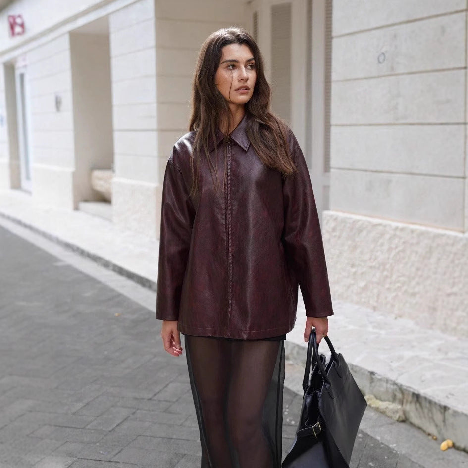 Damen lässige Kunstlederjacke mit strukturiertem Design EB