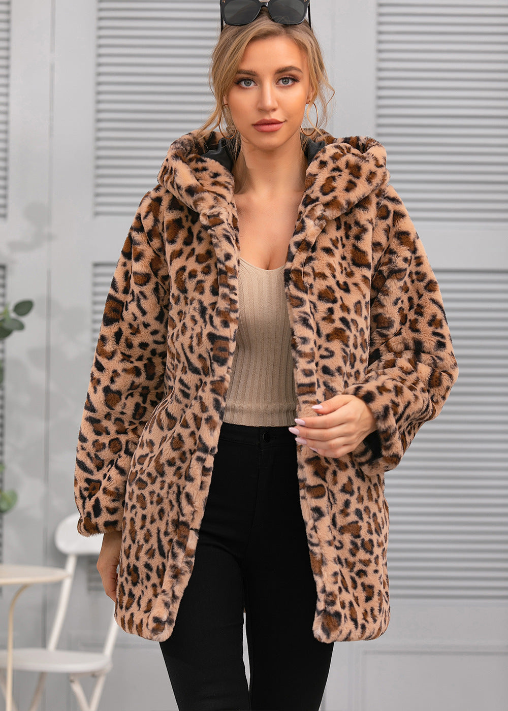 Damen kuschelige Oversized-Jacke mit elegantem Leopardenmuster EB