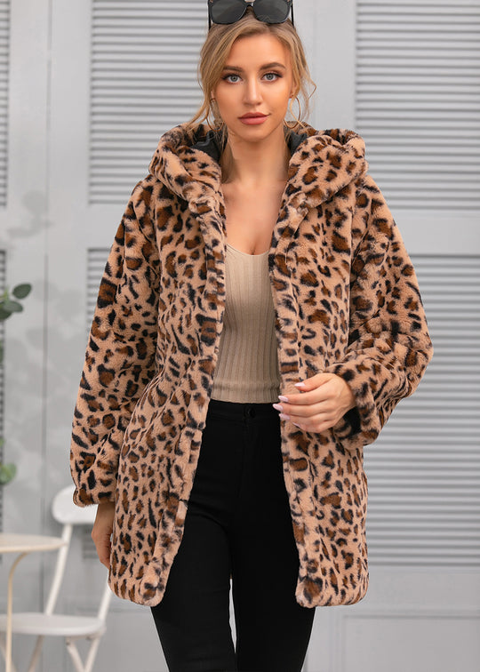 Damen kuschelige Oversized-Jacke mit elegantem Leopardenmuster EB