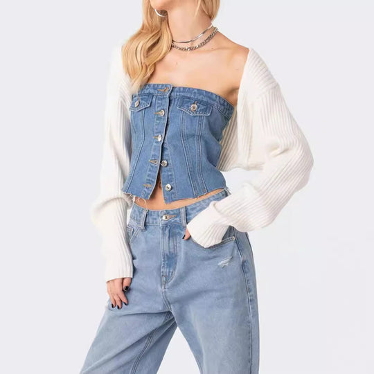 Damen Denim-Crop-Top mit gestricktem Überwurf EB