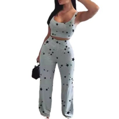Damen Zweiteiliges Set mit Crop-Top und weiter Hose im Sterne-Design EB