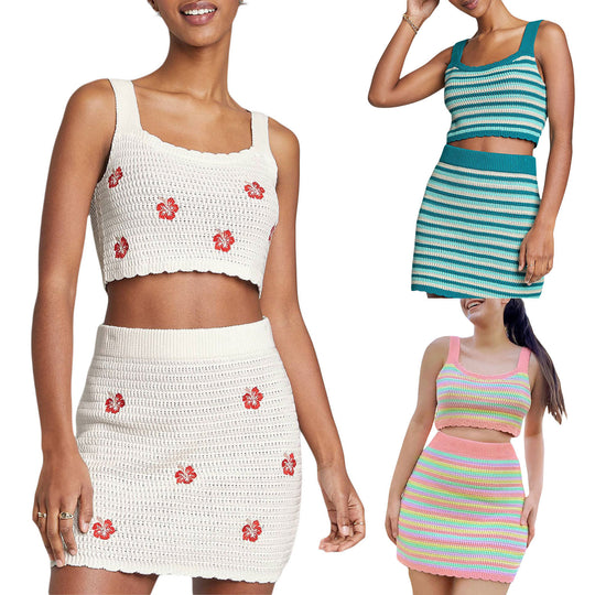 Damen gehäkeltes Crop-Top und Minirock-Set mit floralen Akzenten EB
