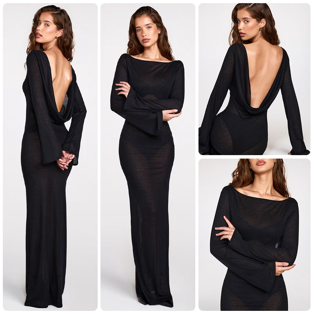 Damen elegantes langärmliges Maxikleid aus transparentem Stoff mit figurbetontem Schnitt EB