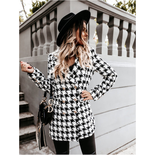 Damen Doppelreihige Karierte Blazerjacke EB