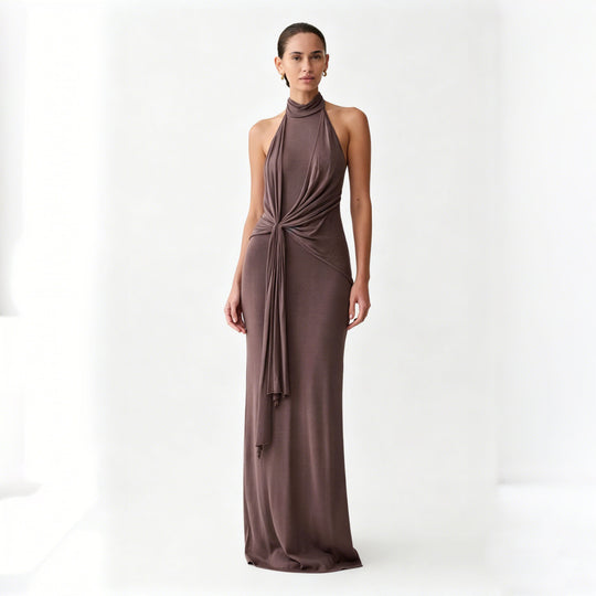 Damen Elegantes Maxikleid mit hohem Kragen und raffinierten Drapierungen EB