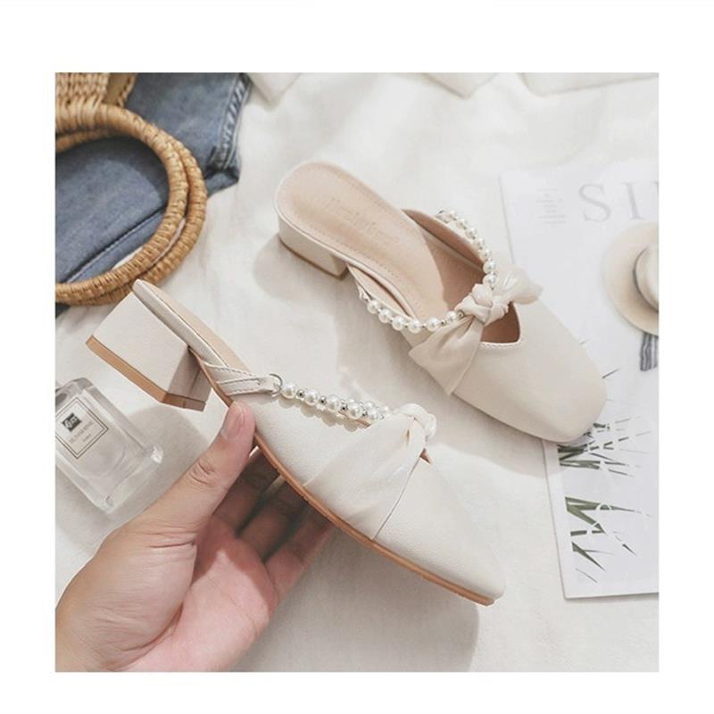 Damen Elegante Mules mit modischem Perlenverzierung und kreativen Schleifen EB