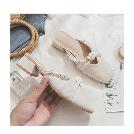 Damen Elegante Mules mit modischem Perlenverzierung und kreativen Schleifen EB