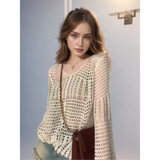Damen Designer-Netzoberteil mit transparenten Details und V-Ausschnitt EB