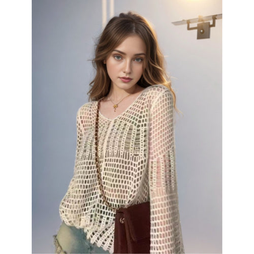 Damen Designer-Netzoberteil mit transparenten Details und V-Ausschnitt EB