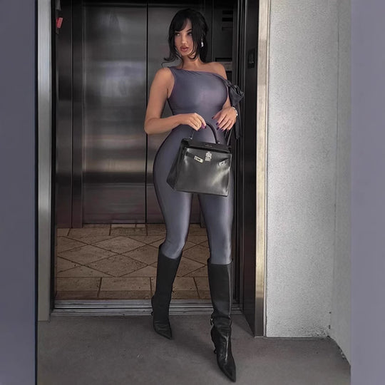 Damen Eleganter Einteiler mit asymmetrischem Schnitt und Chiffonärmel EB
