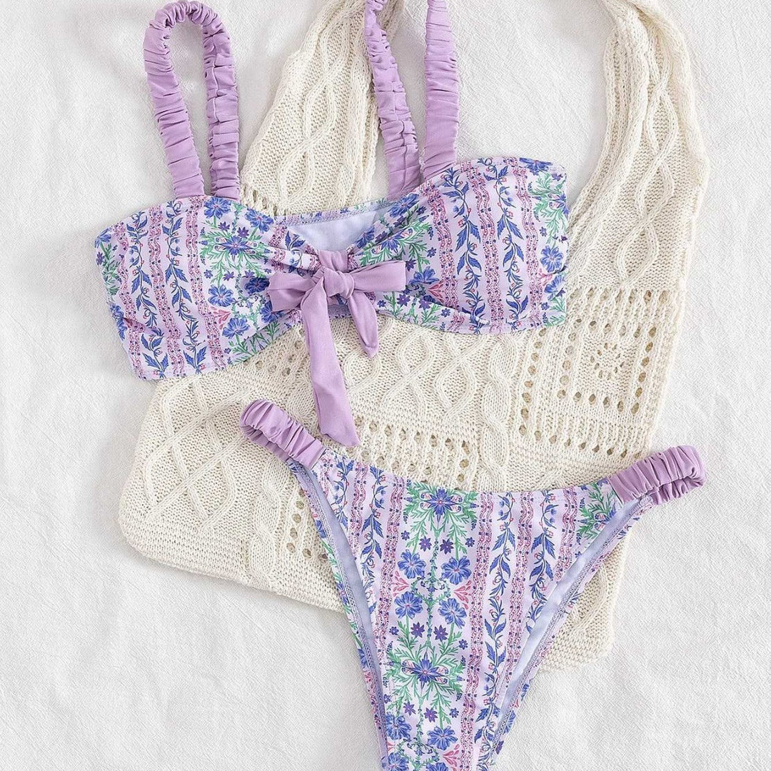 Damen Bandeau-Bikini mit floralem Design und verspielten Rüschen EB
