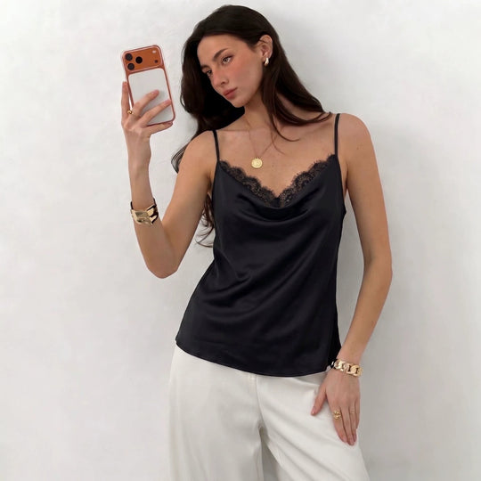 Damen nan leicht fallendes Satin-Spaghettiträger-Top mit Spitzenkante und Wasserfall-Ausschnitt EB