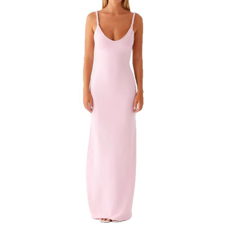 Damen Langarm-Maxikleid aus hochwertigem, elastischem Material mit tiefem V-Ausschnitt und eleganten Spaghetti-Trägern EB