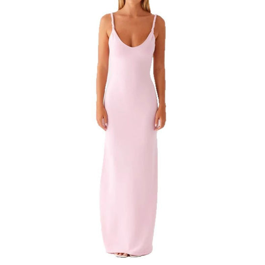 Damen Langarm-Maxikleid aus hochwertigem, elastischem Material mit tiefem V-Ausschnitt und eleganten Spaghetti-Trägern EB