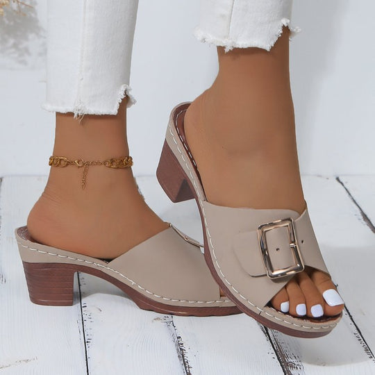 Damen Offene Slip-On Mules mit mittelhohem Blockabsatz und großer Zierschnalle EB