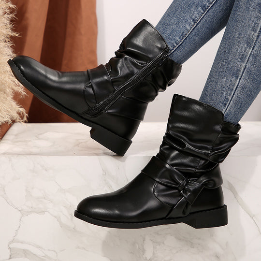 Damen Stiefeletten mit modischem Falten-Design und dekorativem Schleifenverschluss EB