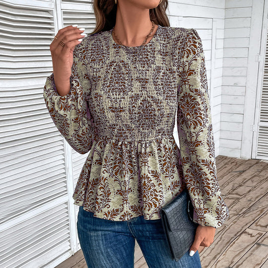 Damen Oberteil mit floralem Design und gerafftem Saum EB