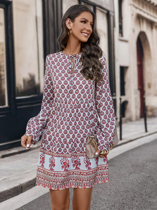 Damen romantisches Kleid mit detailverliebtem Print und langen Ärmeln EB