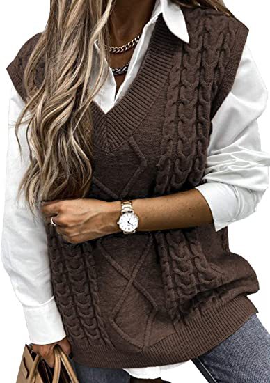 Damen Strickweste mit Zopfdesign und V-Ausschnitt EB