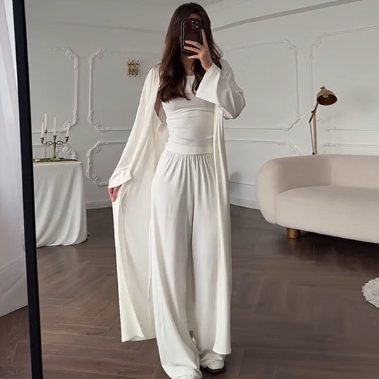 Damen Loungewear-Kombination aus langärmligem Oberteil und weiten Palazzo-Hosen EB