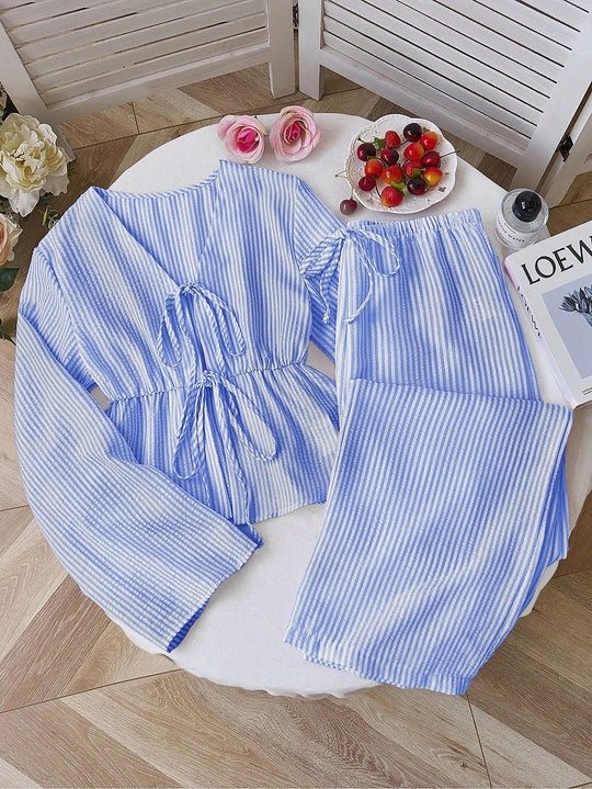 Damen nan gestreiftes Leinenähnliches Homewear-Set mit gerafftem Tunnelzugoberteil und elastischer Bundhose EB