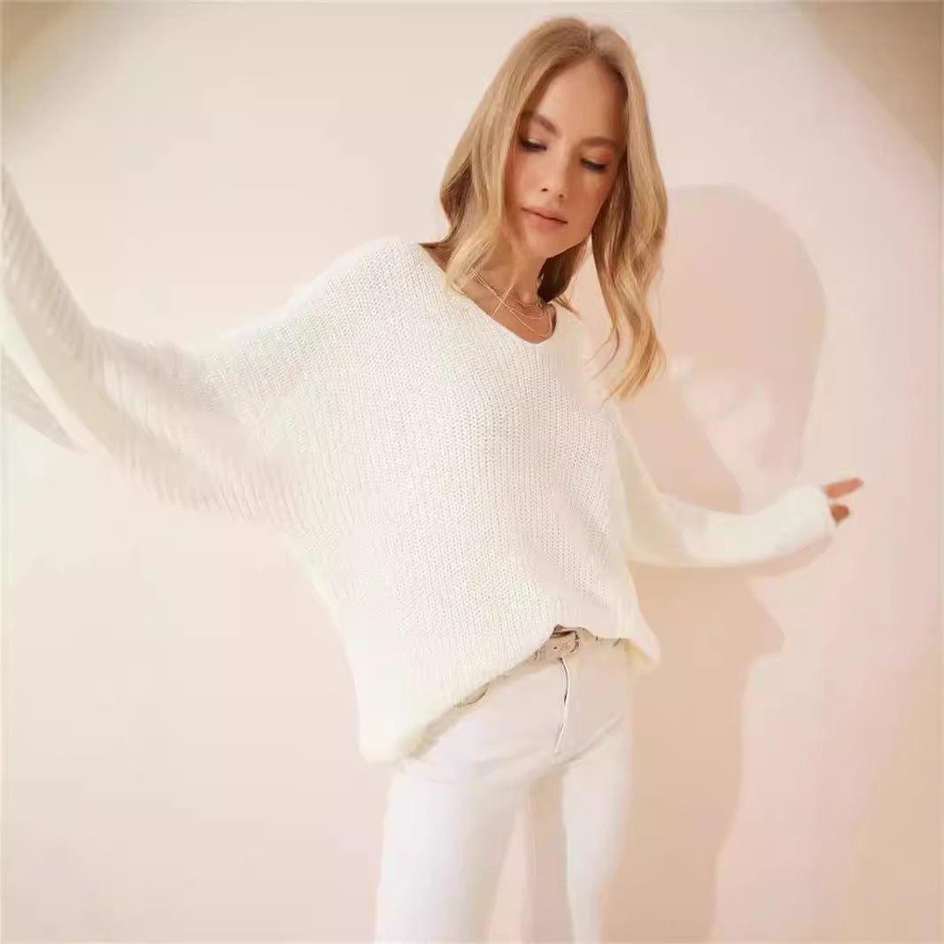 Damen lässiger V-Ausschnitt Pullover mit strukturiertem Strickmuster EB