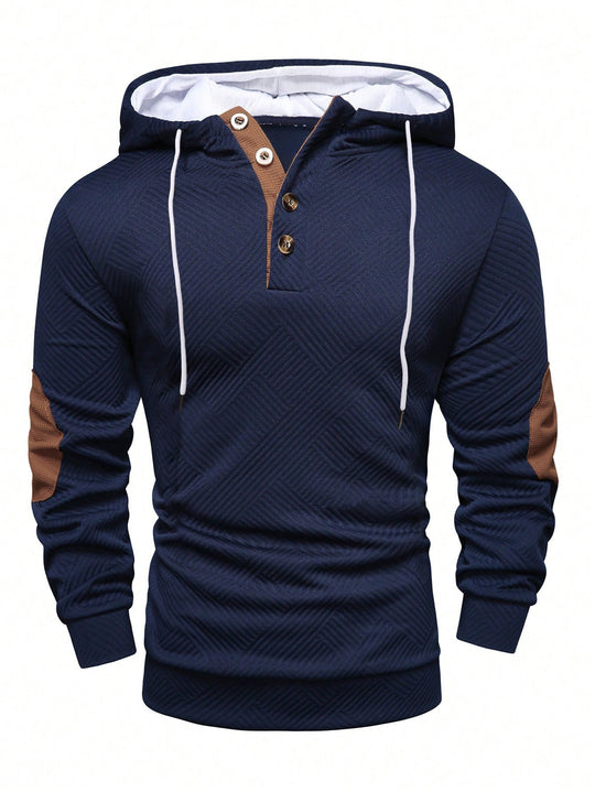 Herren nan strukturierter Kapuzenpullover im Henley-Stil mit Kontrastbesatz und Ellenbogenaufnähern EB