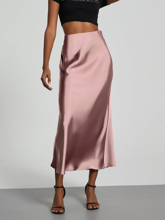 Damen Stilvolle Satin-Stretchrock mit hohem Bund und fließendem Schnitt EB