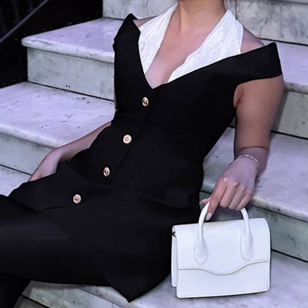 Damen Minikleid mit schickem trägerlosen Ausschnitt und eleganter Knopfverschluss EB